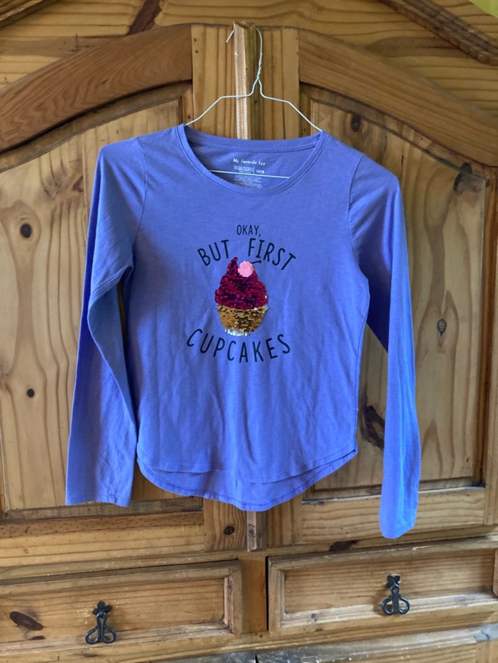 Girls My Favorite Tee purple silver sequin cupcake long sleeve shirt size 14/16